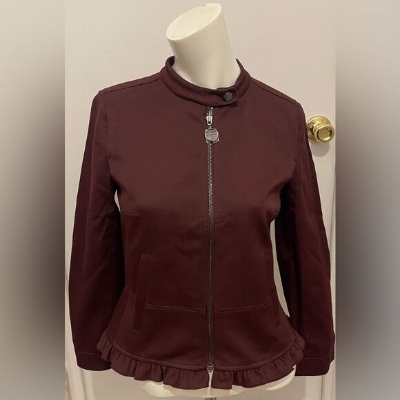 New Ann Taylor Ruffle Twill Moto Jacket Blazer Zipper Vino Wine - Picture 4 of 10